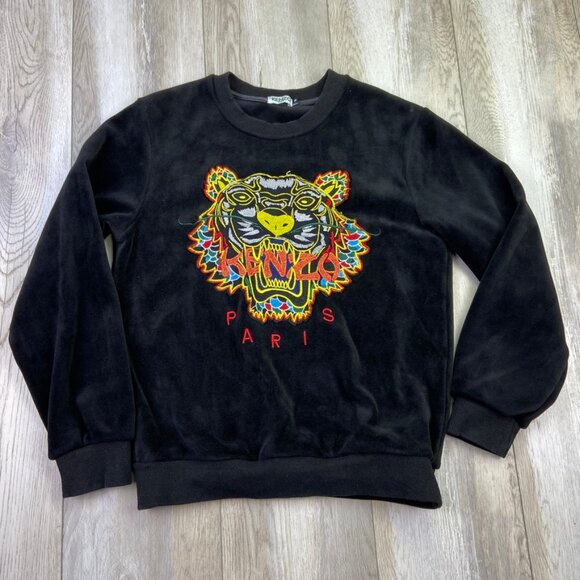 Kenzo Paris Sweater Womens Medium Black Pullover Embroidered Tiger Soft Velour - Picture 1 of 9